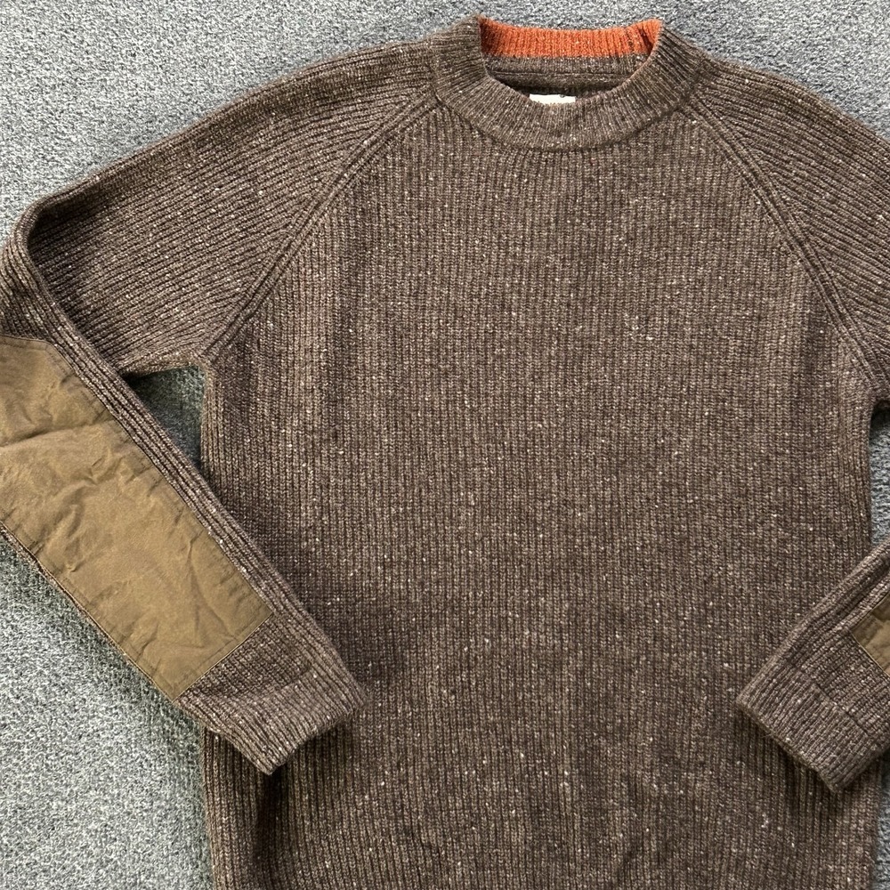 Flint And Tinder Sweater Mens Large Brown Wool Crewneck Elbow Patch Knit